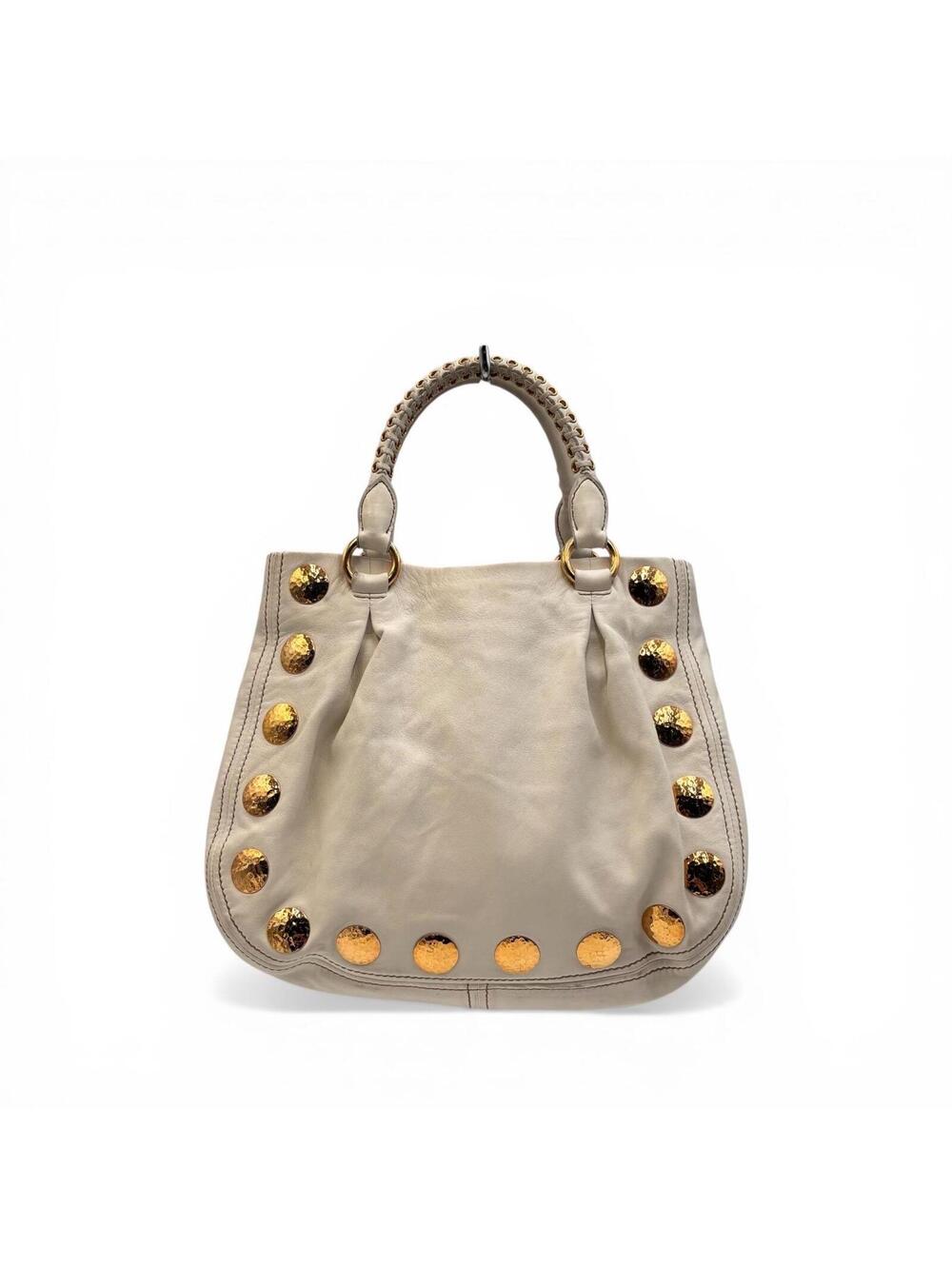 Miu Miu White Leather Studded Tote Bag With Strap